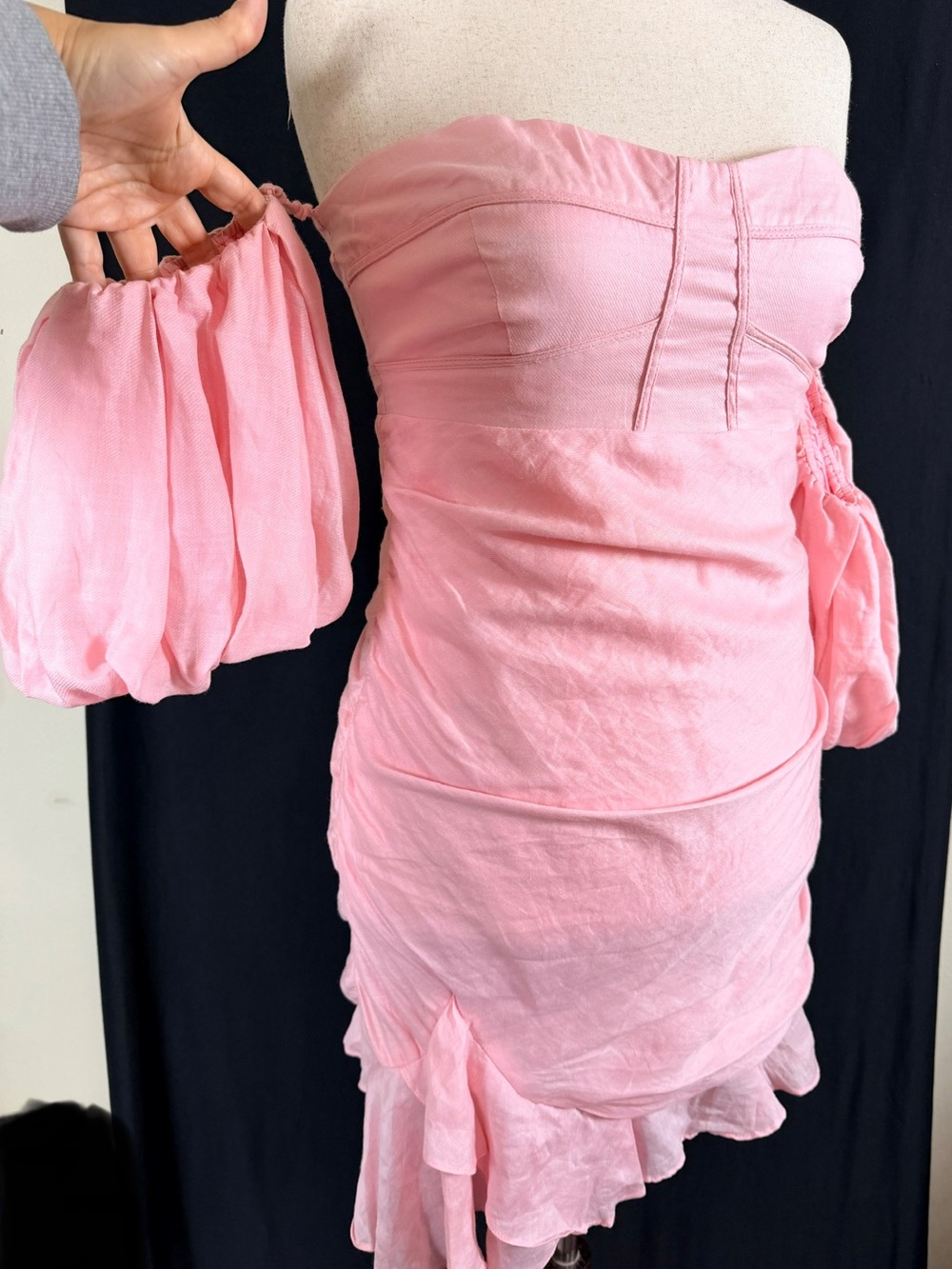 Bardot Pink Chiara Dress off the shoulder Ruched Mini Ramie Ruched Puff Sleeve